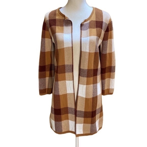 Loft Plaid Open-Front Cardigan Longline Duster Brown Tan Cream Checkered Size M - Picture 2 of 6